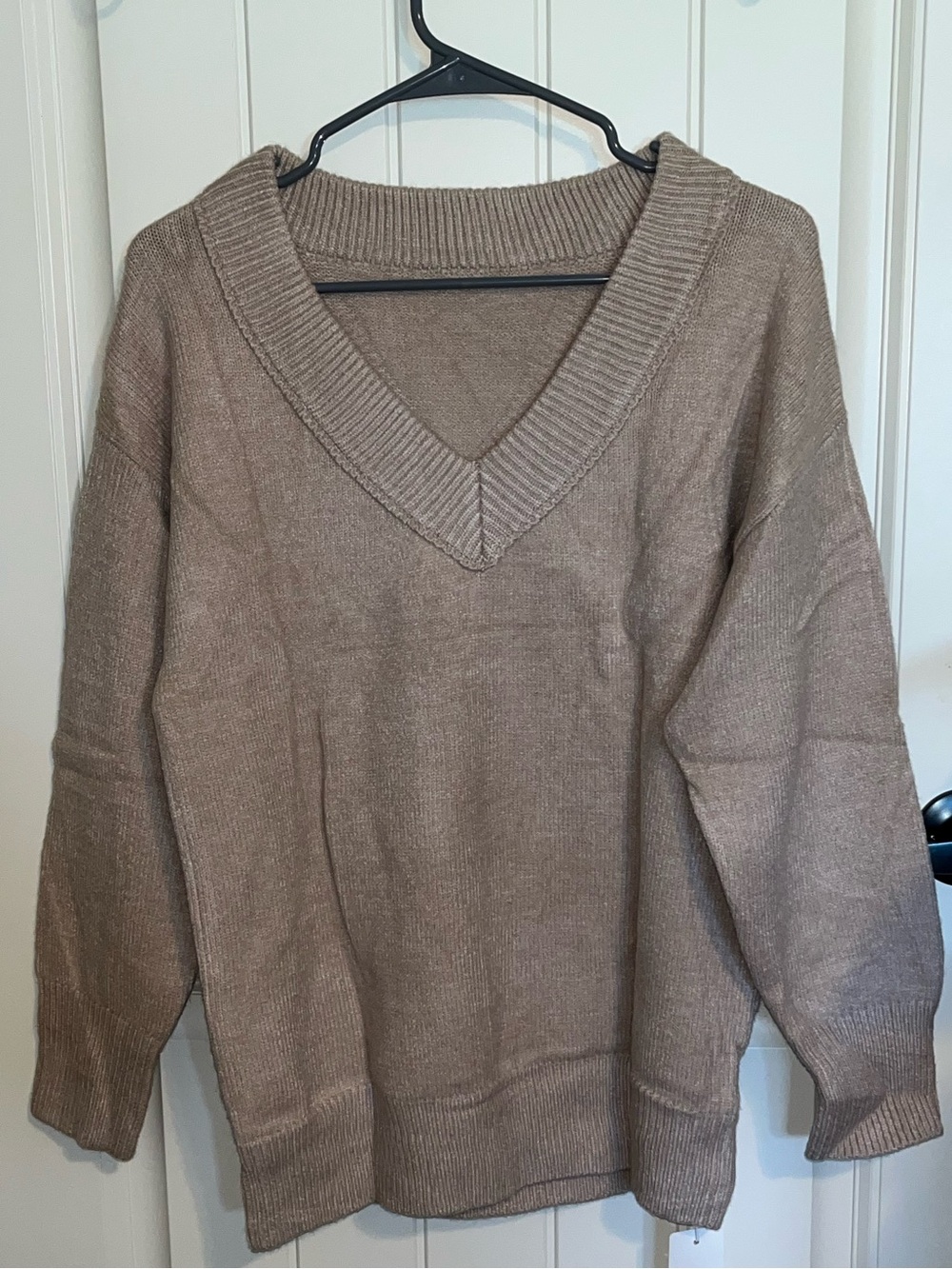 Relaxed V-Neck Knit Sweater in Taupe